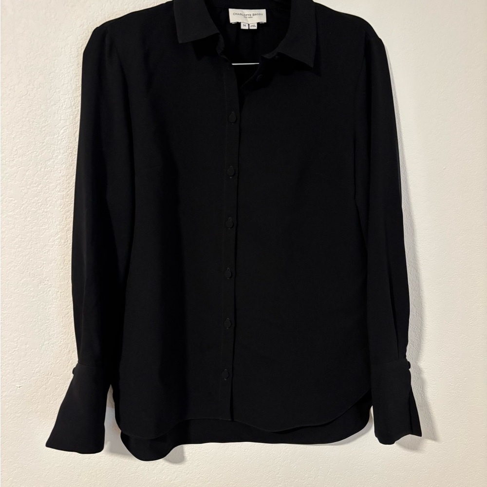 Charlotte Brody Long Sleeve Black Blouse Button Front Covered  Buttons Sz M